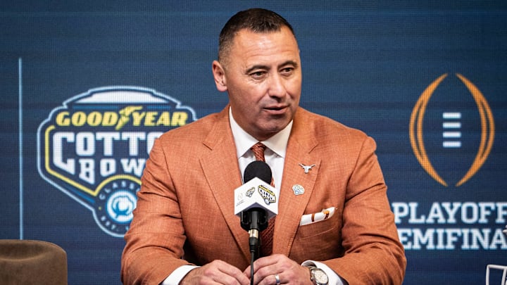 Texas Longhorns Head Coach Steve Sarkisian speaks during the Coaches' Press Conference at AT&T Stadium, Jan. 9, 2024. Both coaches answered questions from the media during the conference, and will face each other in the Cotton Bowl College Football Playoff semi-final game on Friday.