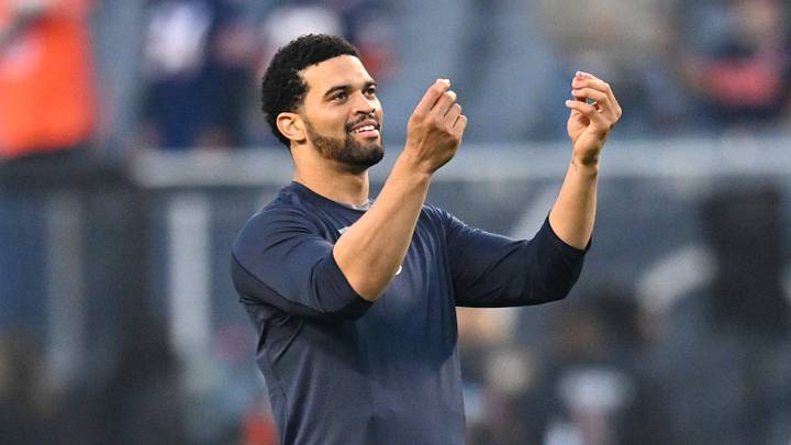 Oct 22, 2026; Chicago, Illinois, USA;  Chicago Bears quarterback Caleb Williams (18) reacts prior to the game against the New England Patriots at Soldier Field.  Mandatory Credit: Patrick Gorski-Imagn Images