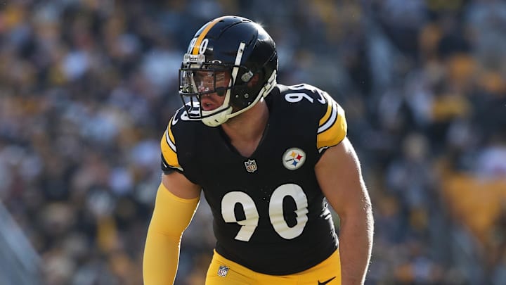 Dec 8, 2024; Pittsburgh, Pennsylvania, USA;  Pittsburgh Steelers linebacker T.J. Watt (90) at the line of scrimmage against the Cleveland Browns during the first quarter at Acrisure Stadium.