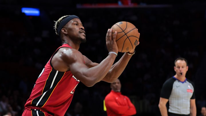 Jan 21, 2025; Miami, Florida, USA; Miami Heat forward Jimmy Butler (22) shoots the basketball against the Portland Trail Blazers during the first quarter at Kaseya Center. Mandatory Credit: Sam Navarro-Imagn Images