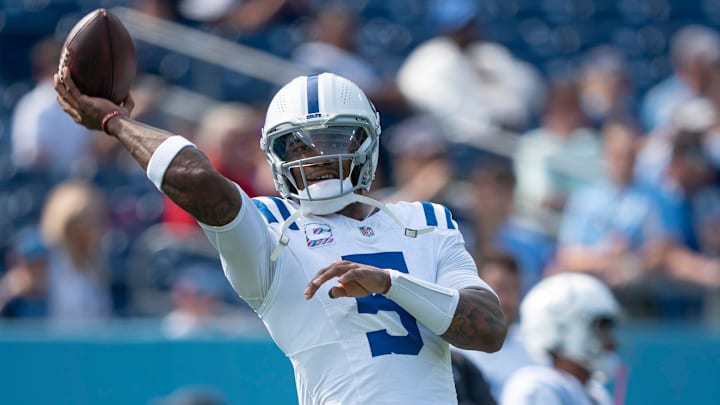 Indianapolis Colts quarterback Anthony Richardson (5) throws during warmups before their game against the Tennessee Titans at Nissan Stadium in Nashville, Tenn., Sunday, Oct. 13, 2024.
