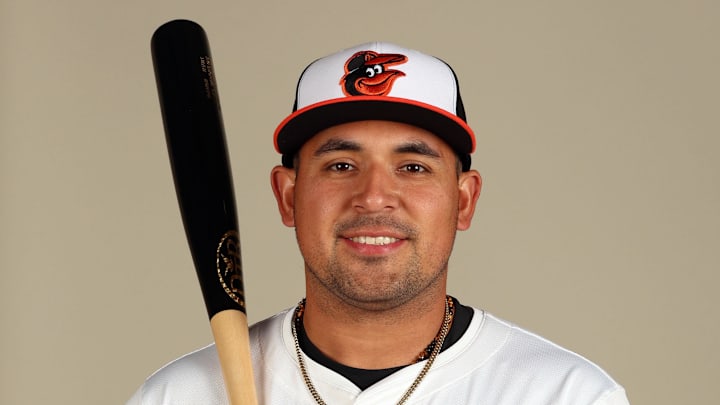 Feb 21, 2024; Sarasota, FL, USA; Baltimore Orioles catcher David Banuelos (91) poses for a photo during photo day at Ed Smith Stadium.