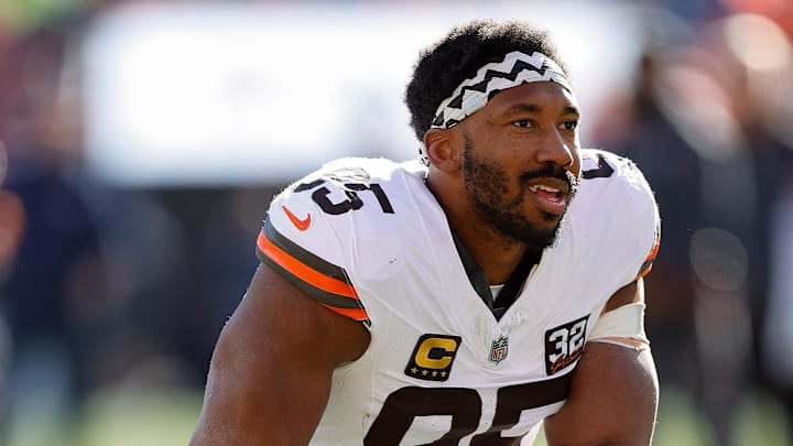 Myles Garrett appeared before media in an arm sling after a 29-12 loss to the Broncos