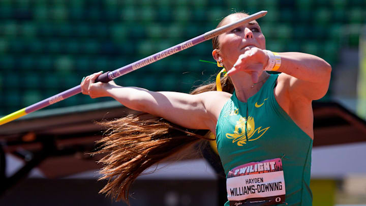 Oregon’s Hayden Williams-Downing propelled the javelin 158 feet, six inches for the Ducks' first win at the Oregon Twilight Meet, a tradition started by Bill Bowerman in 1966.