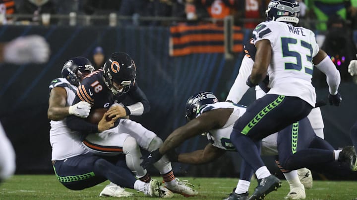 Leonard Williams sacks Caleb Williams at Soldier Field in last week's 6-3 Bears loss to Seattle.