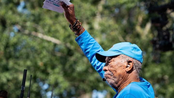 Morgan Freeman holds up his list of picks during ESPN College GameDay ahead of the Ole Miss-LSU game in The Grove in Oxford, Miss., on Saturday, Sept. 19, 2026. Morgan Freeman holds up his list of picks during ESPN College GameDay ahead of the Ole Miss-LSU game in The Grove in Oxford, Miss., on Saturday, Sept. 19, 2026.