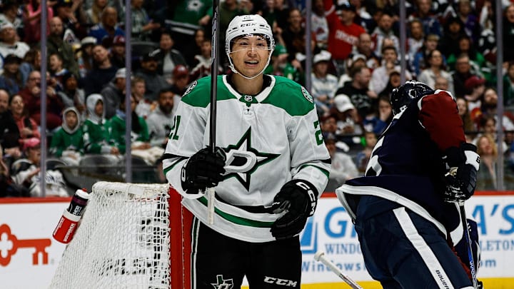Mar 16, 2025; Denver, Colorado, USA; Dallas Stars left wing Jason Robertson (21) celebrates after his goal in the first period against the Colorado Avalanche at Ball Arena. Mandatory Credit: Isaiah J. Downing-Imagn Images