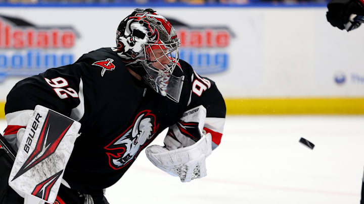 Apr 9, 2026; Buffalo, New York, USA; Buffalo Sabres goaltender Colten Ellis (92) makes a save during the third period against the Columbus Blue Jackets at KeyBank Center. Mandatory Credit: Timothy T. Ludwig-Imagn Images Apr 9, 2026; Buffalo, New York, USA; Buffalo Sabres goaltender Colten Ellis (92) makes a save during the third period against the Columbus Blue Jackets at KeyBank Center. Mandatory Credit: Timothy T. Ludwig-Imagn Images