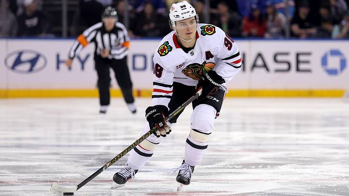 Mar 27, 2026; New York, New York, USA; Chicago Blackhawks center Connor Bedard (98) skates with the puck against the New York Rangers during the third period at Madison Square Garden. Mandatory Credit: Brad Penner-Imagn Images