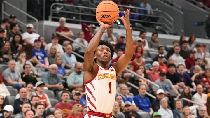 Mar 20, 2026; St. Louis, MO, USA; Iowa State Cyclones guard Jamarion Batemon (1) shoots a three point shot against the Tennessee State Tigers during the first half of a first round game of the men's 2026 NCAA Tournament at Enterprise Center.