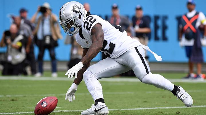 Sep 25, 2022; Nashville, Tennessee, USA; Las Vegas Raiders running back Ameer Abdullah (22) mishandles the kickoff during the first half against the Tennessee Titans at Nissan Stadium. Mandatory Credit: Christopher Hanewinckel-USA TODAY Sports