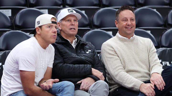 Jan 30, 2026; Salt Lake City, Utah, USA; Utah Jazz Owner Ryan Smith (left) and CEO of basketball operations Danny Ainge (middle) along with president of basketball operations Austin Ainge watch warm ups before a game against the Brooklyn Nets at Delta Center. Mandatory Credit: Rob Gray-Imagn Images