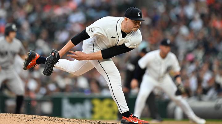 Jun 24, 2026; Detroit, Michigan, USA; Detroit Tigers starting pitcher Tarik Skubal (29) throws a pitch against the New York Yankees in the sixth inning at Comerica Park. Mandatory Credit: Lon Horwedel-Imagn Images