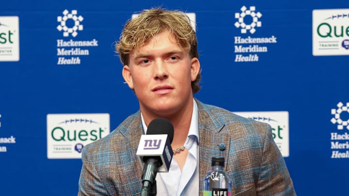 Apr 25, 2025; East Rutherford, NJ, US;  New York Giants first round draft pick, Jaxson Dart, takes questions from the media during his introduction press conference. New York Giants Mandatory Credit: Thomas Salus-Imagn Images