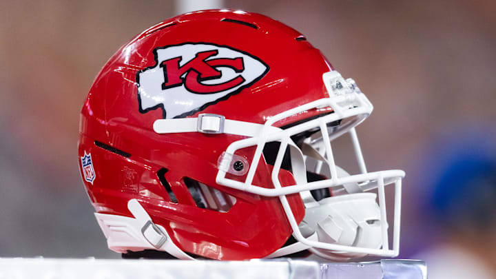 Aug 9, 2025; Glendale, Arizona, USA; Detailed view of a Kansas City Chiefs helmet during a preseason NFL game at State Farm Stadium. Mandatory Credit: Mark J. Rebilas-Imagn Images
