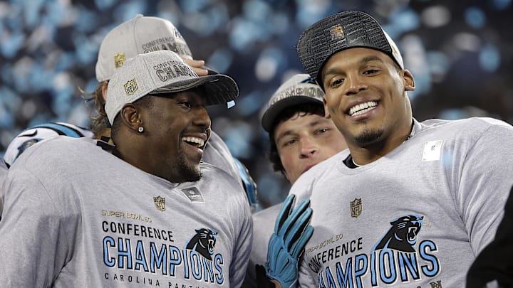 Jan 24, 2016; Charlotte, NC, USA; Carolina Panthers quarterback Cam Newton (1) and outside linebacker Thomas Davis (58) celebrates after beating the Arizona Cardinals in the NFC Championship football game at Bank of America Stadium. Mandatory Credit: Jeremy Brevard-Imagn Images Jan 24, 2016; Charlotte, NC, USA; Carolina Panthers quarterback Cam Newton (1) and outside linebacker Thomas Davis (58) celebrates after beating the Arizona Cardinals in the NFC Championship football game at Bank of America Stadium. Mandatory Credit: Jeremy Brevard-Imagn Images