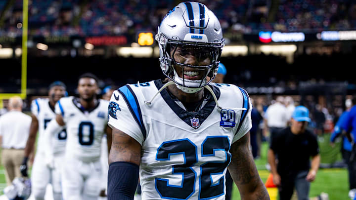 Sep 8, 2024; New Orleans, Louisiana, USA;  Carolina Panthers cornerback Lonnie Johnson Jr. (32) walks off the field before the game against the New Orleans Saints  at Caesars Superdome. Mandatory Credit: Stephen Lew-Imagn Images