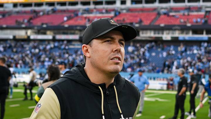 Dec 28, 2025; Nashville, Tennessee, USA;  New Orleans Saints head coach Kellen Moore leaves the field against the Tennessee Titans during the second half at Nissan Stadium. 