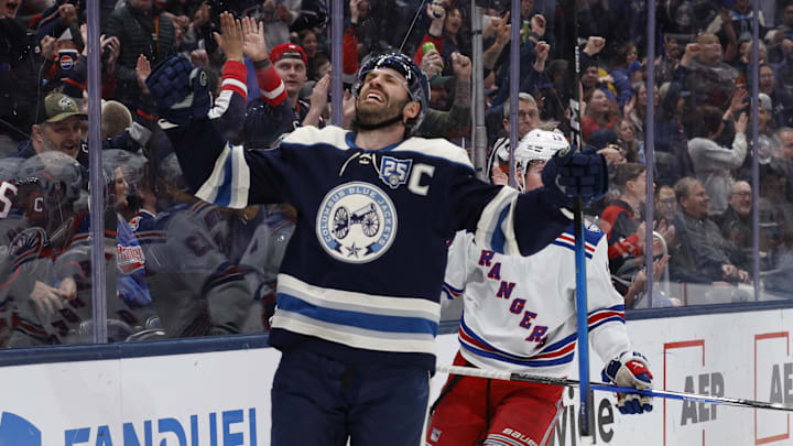 Mar 19, 2026; Columbus, Ohio, USA; Columbus Blue Jackets center Boone Jenner (38) celebrates his goal against the New York Rangers during the second period at Nationwide Arena. Mandatory Credit: Russell LaBounty-Imagn Images