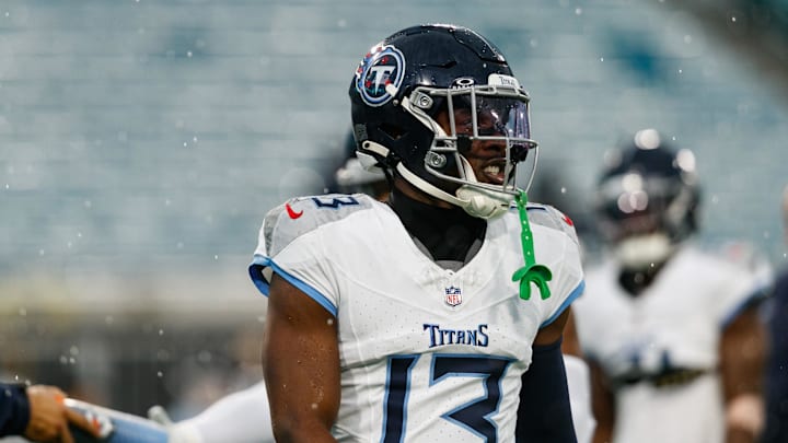 Dec 29, 2024; Jacksonville, Florida, USA; Tennessee Titans cornerback Chidobe Awuzie (13) before the game against the Jacksonville Jaguars at EverBank Stadium. Mandatory Credit: Morgan Tencza-Imagn Images