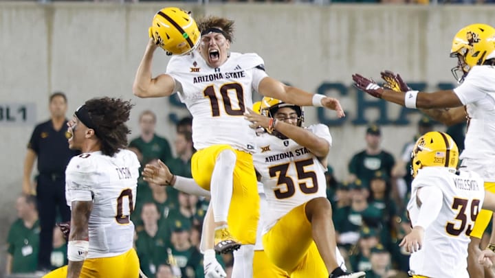 Arizona State quarterback Sam Leavitt (10) reacts after the Sun Devils defeat the Baylor Bears 27-24 in the final seconds at McLane Stadium. 