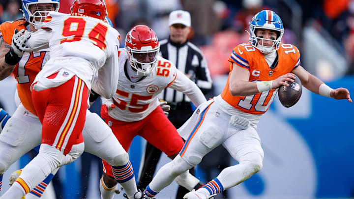 Jan 5, 2025; Denver, Colorado, USA; Denver Broncos quarterback Bo Nix (10) scrambles under pressure from Kansas City Chiefs linebacker Joshua Uche (55) as guard Quinn Meinerz (77) defends against defensive end Malik Herring (94) in the second quarter at Empower Field at Mile High. 