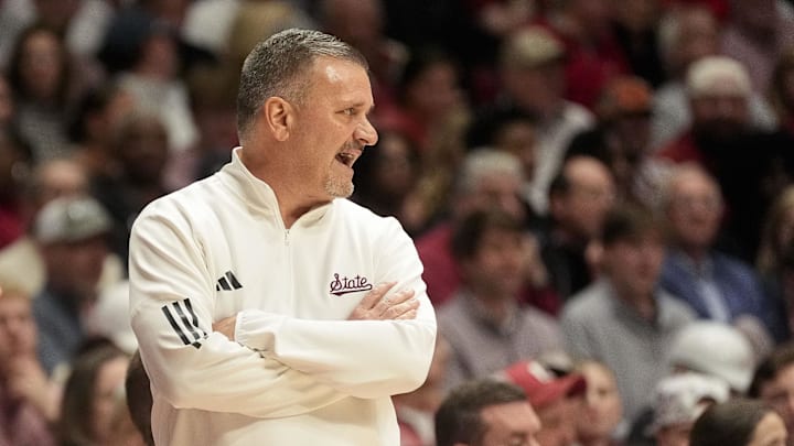 Feb 25, 2025; Tuscaloosa, AL, USA;  Mississippi State head coach Chris Jans  coaches his team against Alabama at Coleman Coliseum. Mandatory Credit: Gary Cosby Jr./USA TODAY Network via Imagn Images