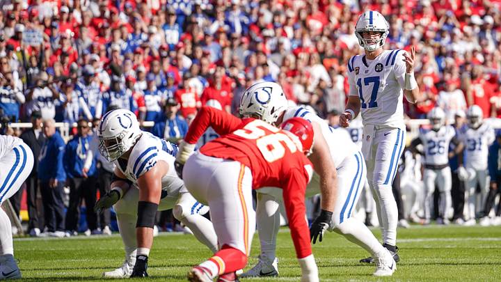 Nov 23, 2025; Kansas City, Missouri, USA; Indianapolis Colts quarterback Daniel Jones (17) gestures at the line of scrimmage against the Kansas City Chiefs during the game at GEHA Field at Arrowhead Stadium. Mandatory Credit: Denny Medley-Imagn Images Nov 23, 2025; Kansas City, Missouri, USA; Indianapolis Colts quarterback Daniel Jones (17) gestures at the line of scrimmage against the Kansas City Chiefs during the game at GEHA Field at Arrowhead Stadium. Mandatory Credit: Denny Medley-Imagn Images