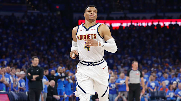 May 18, 2025; Oklahoma City, Oklahoma, USA; Denver Nuggets guard Russell Westbrook (4) runs down the court against the Oklahoma City Thunder in the second quarter during game seven of the second round for the 2025 NBA Playoffs at Paycom Center. Mandatory Credit: Alonzo Adams-Imagn Images
