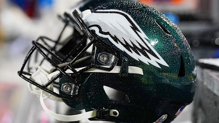 Nov 20, 2023; Kansas City, Missouri, USA; A general view of a Philadelphia Eagles helmet against the Kansas City Chiefs prior to a game at GEHA Field at Arrowhead Stadium. Mandatory Credit: Denny Medley-Imagn Images Nov 20, 2023; Kansas City, Missouri, USA; A general view of a Philadelphia Eagles helmet against the Kansas City Chiefs prior to a game at GEHA Field at Arrowhead Stadium. Mandatory Credit: Denny Medley-Imagn Images
