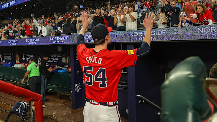 Sep 27, 2024; Atlanta, Georgia, USA; Atlanta Braves starting pitcher Max Fried (54) acknowledges fans after a victory over the Kansas City Royals at Truist Park.