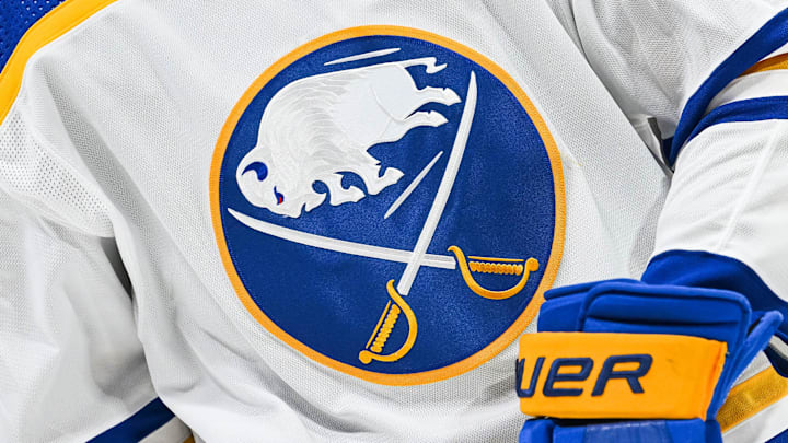Nov 22, 2022; Montreal, Quebec, CAN; View of a Buffalo Sabres logo on a jersey worn by a member of the team during warm-up before the game against the Montreal Canadiens at Bell Centre. Mandatory Credit: David Kirouac-Imagn Images Nov 22, 2022; Montreal, Quebec, CAN; View of a Buffalo Sabres logo on a jersey worn by a member of the team during warm-up before the game against the Montreal Canadiens at Bell Centre. Mandatory Credit: David Kirouac-Imagn Images
