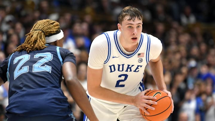 Nov 4, 2024; Durham, North Carolina, USA; Duke Blue Devils prospect Cooper Flagg (2) looks for an opening to pass during the second half against the Maine Black Bears at Cameron Indoor Stadium. Mandatory Credit: Zachary Taft-Imagn Images