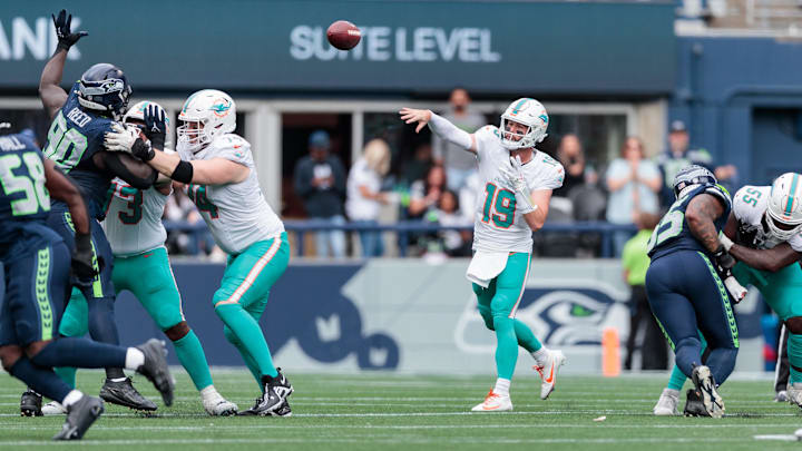 Sep 22, 2024; Seattle, Washington, USA; Miami Dolphins quarterback Skylar Thompson (19) throws the ball during the second quarter against Seattle Seahawks at Lumen Field.