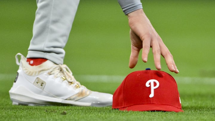 Apr 11, 2025; St. Louis, Missouri, USA; Philadelphia Phillies third baseman Alec Bohm (28) picks up his hat after chasing down a fly ball against the St. Louis Cardinals during the third inning at Busch Stadium. Mandatory Credit: Jeff Curry-Imagn Images Apr 11, 2025; St. Louis, Missouri, USA; Philadelphia Phillies third baseman Alec Bohm (28) picks up his hat after chasing down a fly ball against the St. Louis Cardinals during the third inning at Busch Stadium. Mandatory Credit: Jeff Curry-Imagn Images