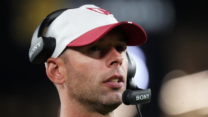 Arizona Cardinals head coach Jonathan Gannon watches from the sidelines as they play against the Las Vegas Raiders at State Farm Stadium in Glendale, on Aug. 23, 2025. Arizona Cardinals head coach Jonathan Gannon watches from the sidelines as they play against the Las Vegas Raiders at State Farm Stadium in Glendale, on Aug. 23, 2025.