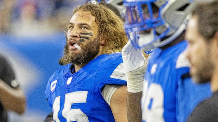 Sep 28, 2025; Detroit, Michigan, USA; Detroit Lions linebacker Grant Stuard (15) looks on from the sidelines during the second half against the Cleveland Browns at Ford Field. Mandatory Credit: David Reginek-Imagn Images