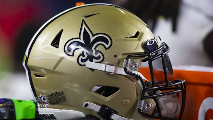 Oct 20, 2022; Glendale, Arizona, USA; Detailed view of a New Orleans Saints helmet at State Farm Stadium. Mandatory Credit: Mark J. Rebilas-Imagn Images