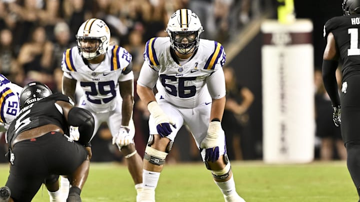 Oct 26, 2024; College Station, Texas, USA; LSU Tigers offensive tackle Will Campbell (66) lines up during the second half against the Texas A&M Aggies. The Aggies defeated the Tigers 38-23; at Kyle Field. Oct 26, 2024; College Station, Texas, USA; LSU Tigers offensive tackle Will Campbell (66) lines up during the second half against the Texas A&M Aggies. The Aggies defeated the Tigers 38-23; at Kyle Field.