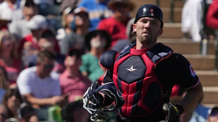 Mar 13, 2026; Tempe, Arizona, USA; Cleveland Guardians catcher David Fry (6) looks for the ball against the Los Angeles Angels in the first inning at Tempe Diablo Stadium. Mandatory Credit: Rick Scuteri-Imagn Images