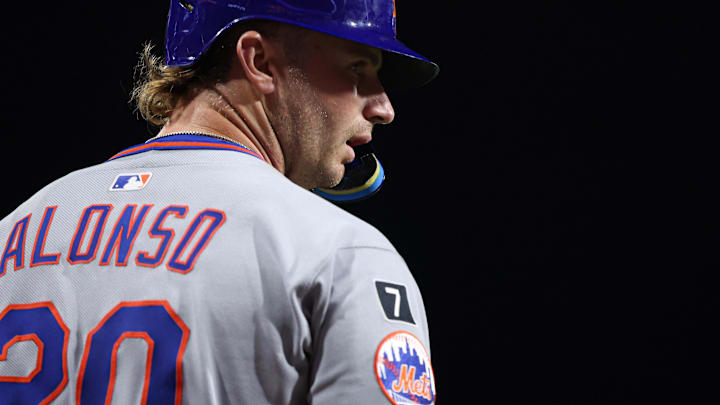 Sep 10, 2025; Philadelphia, Pennsylvania, USA; New York Mets first base Pete Alonso (20) prepares to bat against the Philadelphia Phillies at Citizens Bank Park. Mandatory Credit: Bill Streicher-Imagn Images