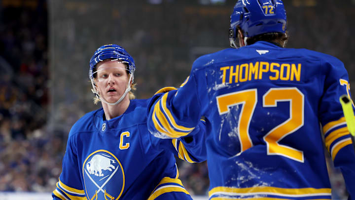 Jan 14, 2026; Buffalo, New York, USA;  Buffalo Sabres defenseman Rasmus Dahlin (26) celebrates his second goal of the game with center Tage Thompson (72) during the second period against the Philadelphia Flyers at KeyBank Center. Mandatory Credit: Timothy T. Ludwig-Imagn Images