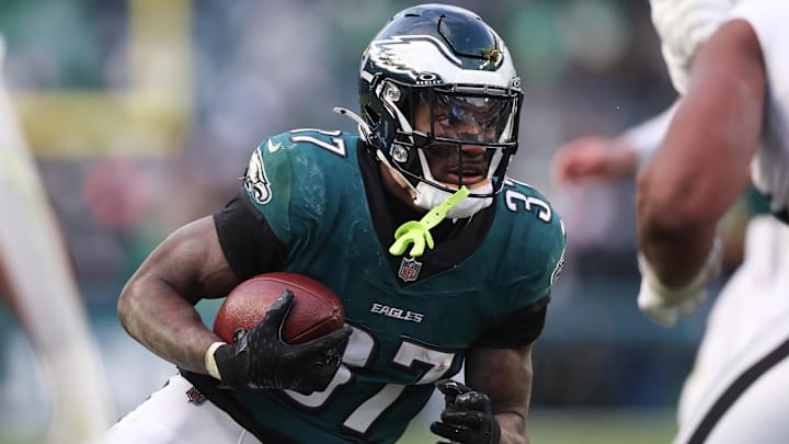Dec 14, 2025; Philadelphia, Pennsylvania, USA; Philadelphia Eagles running back Tank Bigsby (37) runs with the ball during the fourth quarter against the Las Vegas Raiders at Lincoln Financial Field. Mandatory Credit: Bill Streicher-Imagn Images