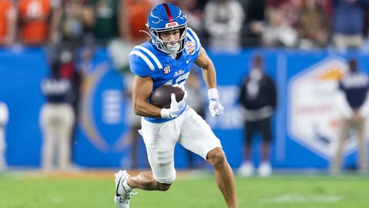 Jan 8, 2026; Glendale, AZ, USA; Mississippi Rebels wide receiver Cayden Lee (19) against the Miami Hurricanes during the 2026 Fiesta Bowl and semifinal game of the College Football Playoff at State Farm Stadium. Mandatory Credit: Mark J. Rebilas-Imagn Images