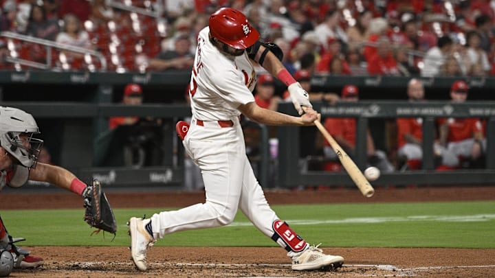 Sep 16, 2025; St. Louis, Missouri, USA; St. Louis Cardinals shortstop Thomas Saggese (25) hits a two-run home run against the Cincinnati Reds in the third inning at Busch Stadium. Mandatory Credit: Joe Puetz-Imagn Images