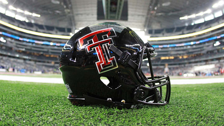 Nov 25, 2016; Arlington, TX, USA;  A Texas Tech Red Raiders helmet sits on the field at AT&T Stadium before the game between the Red Raiders and the Baylor Bears. Mandatory Credit: Michael C. Johnson-USA TODAY Sports