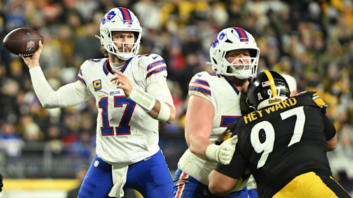 Nov 30, 2025; Pittsburgh, Pennsylvania, USA; Buffalo Bills quarterback Josh Allen (17) looks to pass during the third quarter against the Pittsburgh Steelers at Acrisure Stadium Nov 30, 2025; Pittsburgh, Pennsylvania, USA; Buffalo Bills quarterback Josh Allen (17) looks to pass during the third quarter against the Pittsburgh Steelers at Acrisure Stadium