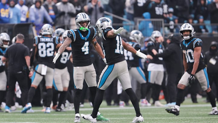 Nov 30, 2025; Charlotte, North Carolina, USA; Carolina Panthers wide receiver Tetairoa McMillan (4) celebrates with Carolina Panthers wide receiver Jalen Coker (18) after a play during the fourth quarter against the Los Angeles Rams at Bank of America Stadium. Mandatory Credit: Scott Kinser-Imagn Images