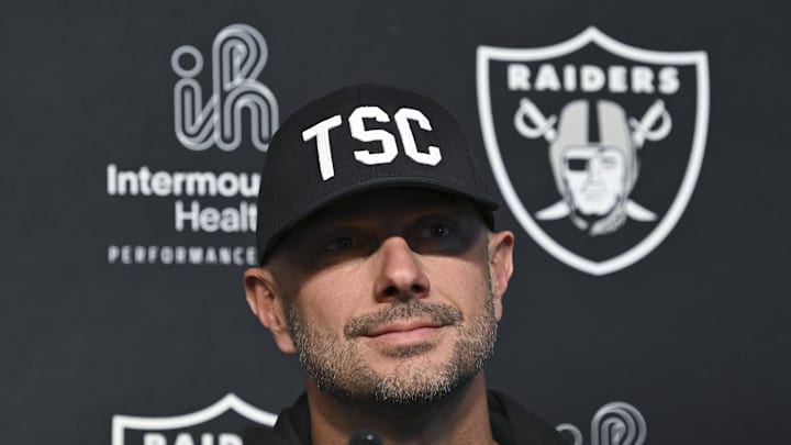 Apr 25, 2025; Henderson, NV, USA; (L-R) Las Vegas Raiders general manager John Spytek during a news conference introducing Ashton Jeanty as the first round draft pick in the 2025 NFL Draft at Intermountain Health Performance Center. Mandatory Credit: Candice Ward-Imagn Images Apr 25, 2025; Henderson, NV, USA; (L-R) Las Vegas Raiders general manager John Spytek during a news conference introducing Ashton Jeanty as the first round draft pick in the 2025 NFL Draft at Intermountain Health Performance Center. Mandatory Credit: Candice Ward-Imagn Images