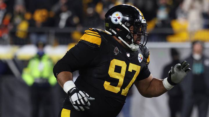 Dec 15, 2025; Pittsburgh, Pennsylvania, USA; Pittsburgh Steelers defensive tackle Cameron Heyward (97) looks on during the first quarter against the Miami Dolphins at Acrisure Stadium. Mandatory Credit: Charles LeClaire-Imagn Images